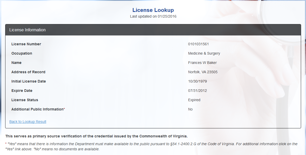 Baker, Frances W. - expired VA medical license 2