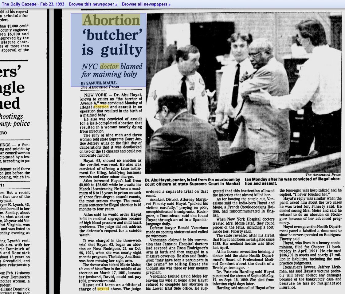 Hayat, Abu - Abortion butcher is guilty, 2-23-1993