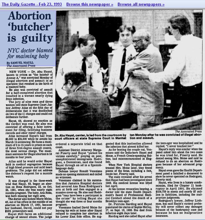 Abortion 'butcher' is guilty-NYC doctor blamed for maiming baby - The Daily Gazete, 2-23-1993