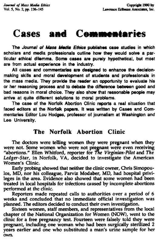 Modaber, Parviz - Simpoulos, Chris - The Norfolk Abortion Clinic - Journal of Mass Media Ethics, Vol 5, No 2