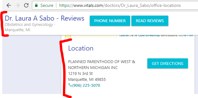 Sabo, Laura -- Vitals.com -- Laura A. Sabo, MD - screenshot at Marquette PP abortion clinic