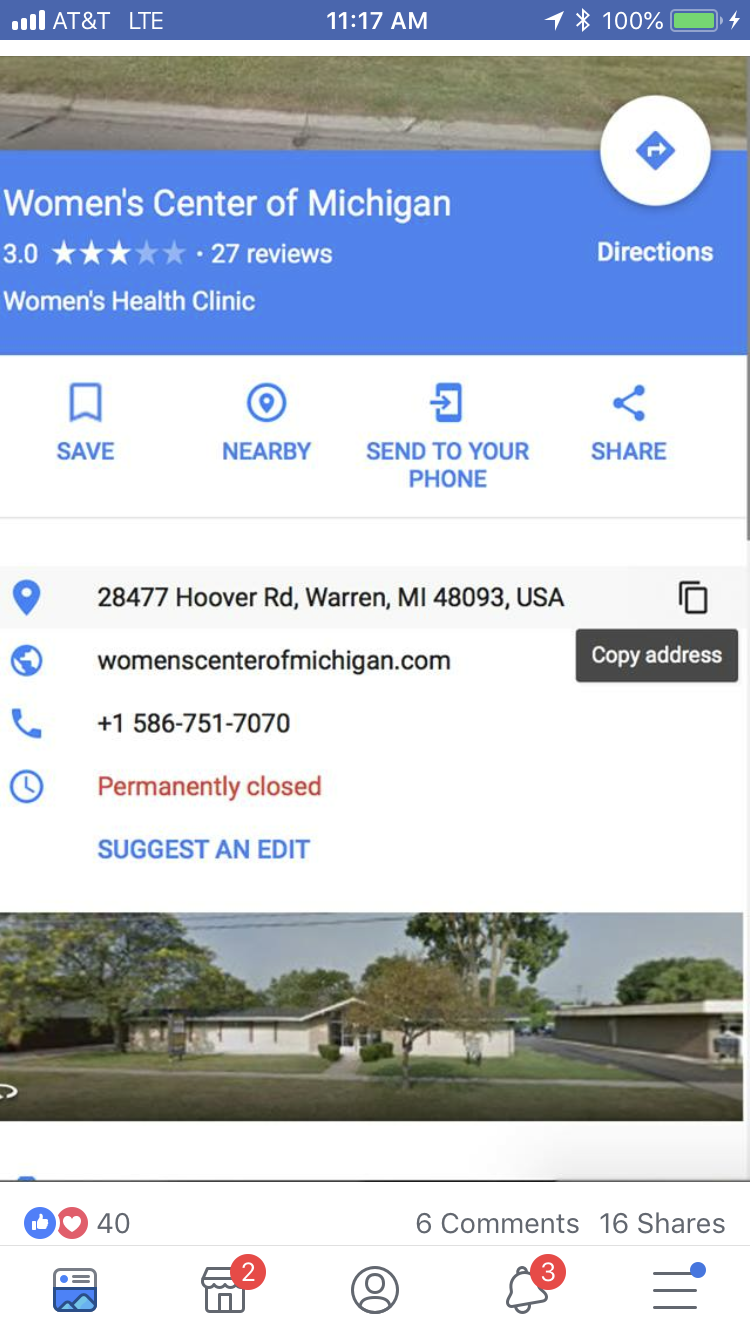 Women's Center of Michigan (Warren, MI) -- Google listing - permanently closed