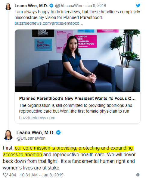 Wen, Leana -- Jan 8, 2019 -- 'Our core mission is providing... abortion' -- Leana Wen, MD, on Twitter