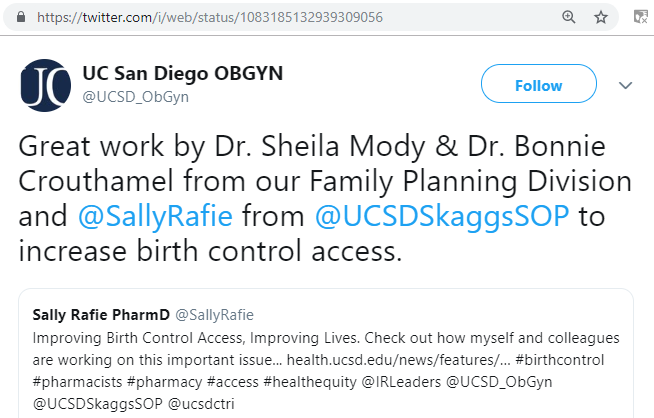 UCSD tweet - Sheila Mody, Bonnie Crouthamel in Family Planning Division