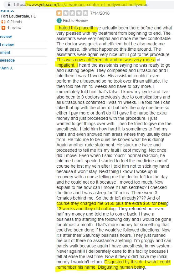 A Woman's Center of Hollywood (FL) -- Yelp review screenshot 2