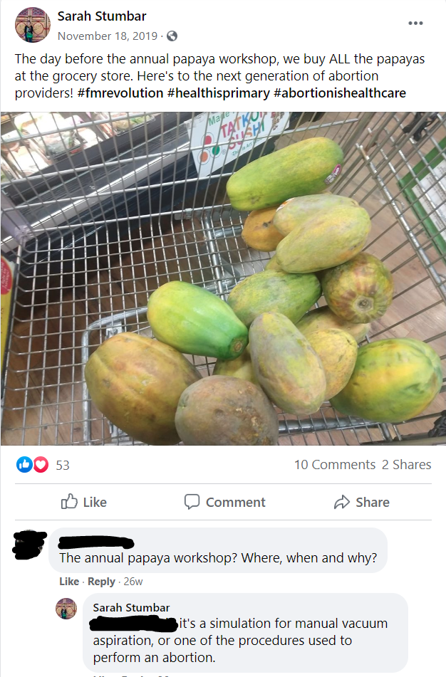 Stumbar, Sarah -- Facebook screenshot - Abortion papaya workshop