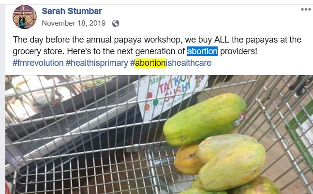 Stumbar, Sarah -- Facebook screenshot -- Abortion-training papayas